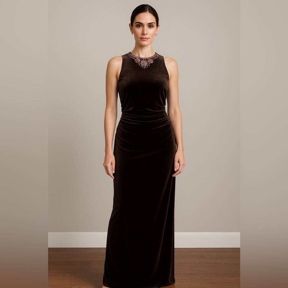JS Boutique Chocolate Brown Velvet Maxi Dress – Size 6